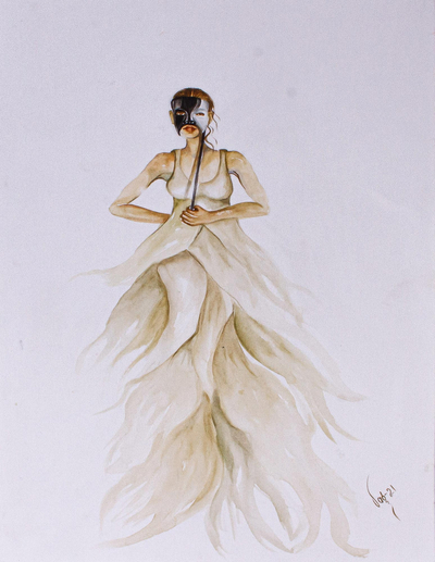 Masked Lady Watercolor Painting on Paper from Mexico