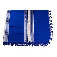 Zapotec cotton bedspread, 'Memories in Blue' (full/queen) - Royal Blue Cotton Hand Loomed Zapotec Full/Queen Bedspread