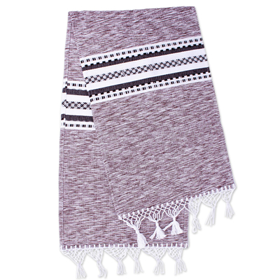 Cotton table runner, 'Sierra Boulders' - Hand Loomed Zapotec Brown Cotton Table Runner from Mexico