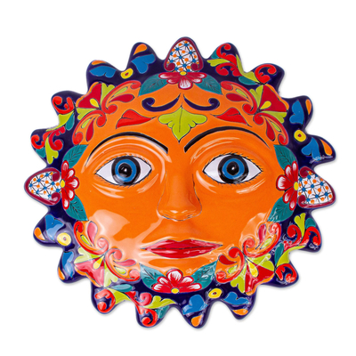 Talavera style ceramic plaque, 'Señor Sol' - Orange Talavera Style Sun Wall Plaque from Mexico