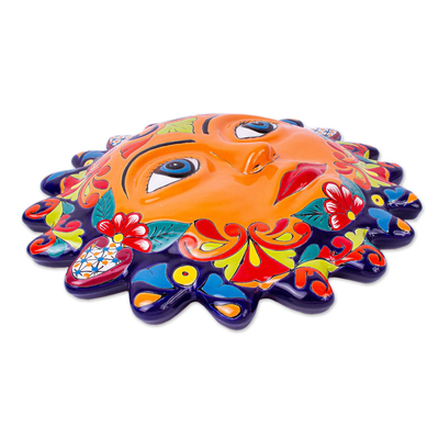 Keramiktafel im Talavera-Stil, „Señor Sol“ – orangefarbene Sonnenwandtafel im Talavera-Stil aus Mexiko