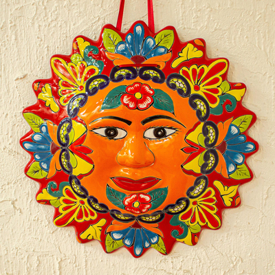 Placa de cerámica estilo Talavera, 'Sol Puro' - Placa de pared solar estilo Talavera floral colorida de México