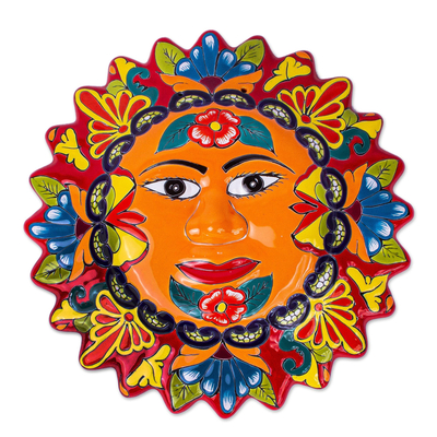 Talavera style ceramic plaque, 'Pure Sun' - Colorful Floral Talavera Style Sun Wall Plaque from Mexico