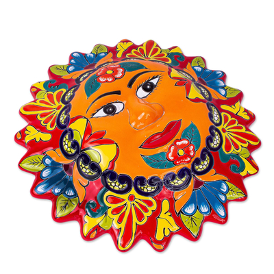 Talavera style ceramic plaque, 'Pure Sun' - Colorful Floral Talavera Style Sun Wall Plaque from Mexico