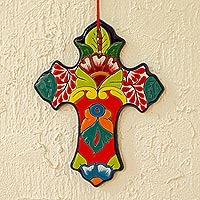 Ceramic wall cross, 'Floral Prayer' - Hand-Painted Talavera-Style Cross from Mexico