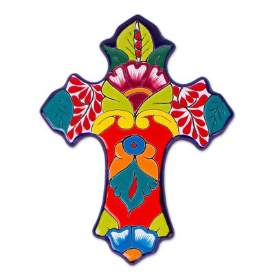 Ceramic wall cross, 'Floral Prayer' - Hand-Painted Talavera-Style Cross from Mexico
