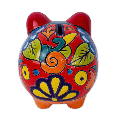 Ceramic decorative accent, 'Flower Piggy' - Hand Painted Talavera Style Decorative Accent