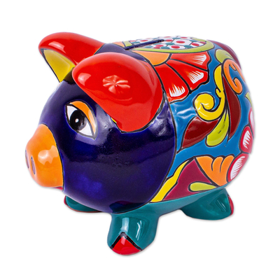 Ceramic decorative accent, 'Wealthy Piggy' - Talavera-Style Ceramic Decorative Accent