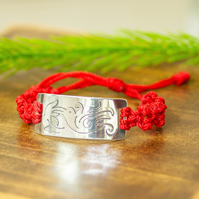Pulsera colgante de plata de ley - Colibrí azteca 925 colgante de plata pulsera de macramé rojo
