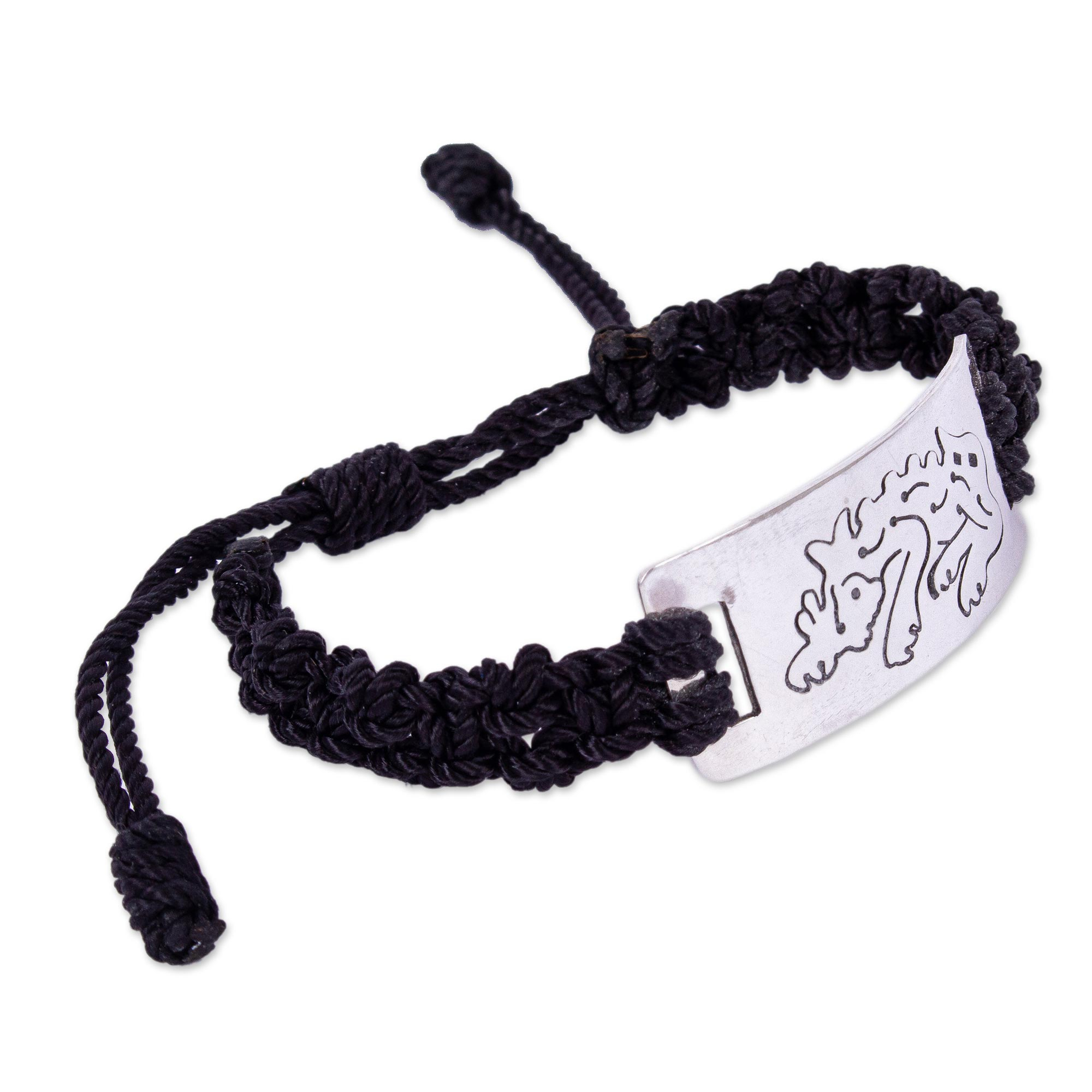 Mexican 925 Silver Pendant Black Macrame Jaguar Bracelet - Silent Black ...