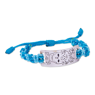 Sterling silver pendant bracelet, 'Aqua Blue Catrina' - Mexican Catrina 925 Silver Pendant Aqua Macrame Bracelet
