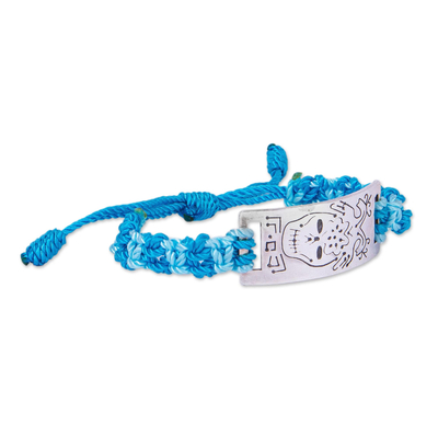 Sterling silver pendant bracelet, 'Aqua Blue Catrina' - Mexican Catrina 925 Silver Pendant Aqua Macrame Bracelet