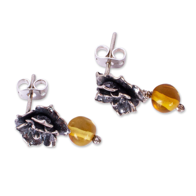 Amber drop earrings, 'Golden Desert' - Cacti Flower Amber Drop Earrings from Mexico