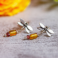 Amber and amethyst dangle earrings, 'Golden Dragonflies' - Amber and Amethyst Silver Dangle Earrings from Mexico