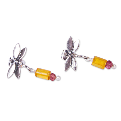 Bernstein- und Amethyst-Ohrringe, 'Golden Dragonflies', baumelnd - Bernstein und Amethyst Silber baumeln Ohrringe aus Mexiko