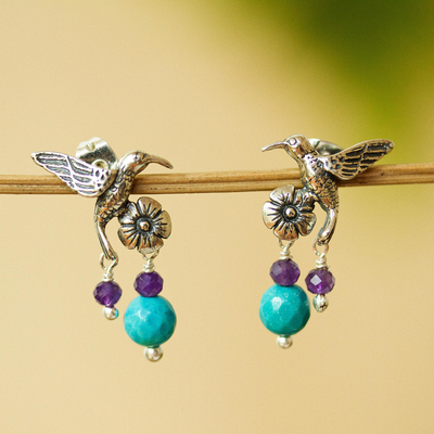 Amethyst dangle earrings, 'Vibrating Flight' - Sterling Silver Hummingbird Dangle Earrings from Mexico