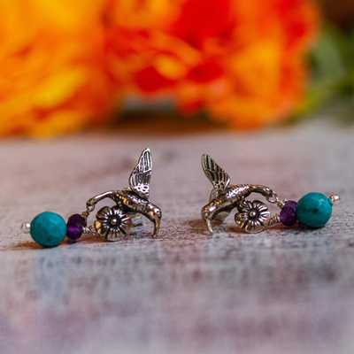 Pendientes colgantes de amatista - Pendientes colgantes de colibrí de plata esterlina de México