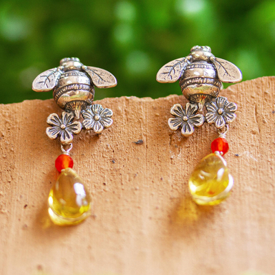 Amber and carnelian dangle earrings, Golden Bees