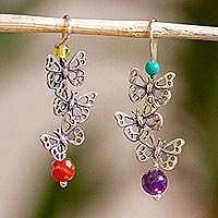 Multi-gemstone dangle earrings, 'Flying Butterflies' - Butterfly-Themed Dangle Earrings from Mexico