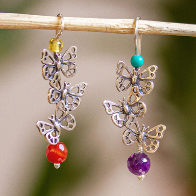 Pendientes colgantes con múltiples piedras preciosas - Aretes colgantes con temática de mariposas de México