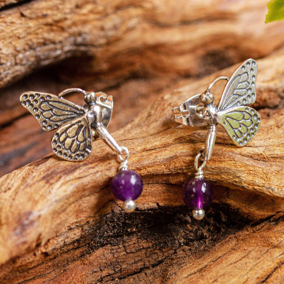 Amethyst dangle earrings, 'Dreamy Monarchs' - Monarch Butterfly Dangle Earrings from Mexico