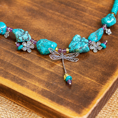 Multi-gemstone pendant necklace, 'Dragonfly Embrace' - Dragonfly Pendant Beaded Necklace from Mexico