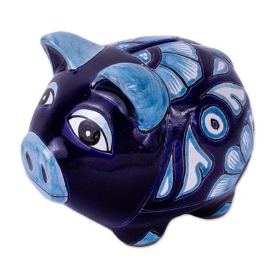 Ceramic decorative accent, 'Cobalt Piggy' - Hand Painted Ceramic Pig Decor Accent