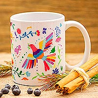 Artisan Crafted Otomi Birds and Flowers Motif Ceramic Mug,'Otomi Morning'