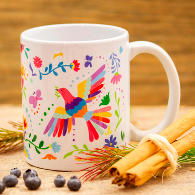 Ceramic mug, 'Otomi Morning' - Artisan Crafted Otomi Birds and Flowers Motif Ceramic Mug