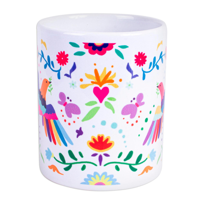 Taza de cerámica, 'Otomi Morning' - Taza de cerámica con motivo de pájaros y flores otomíes artesanales