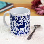 Ceramic mug, 'Blue Otomi' - Artisan Crafted Otomi Blue Birds and Flowers Ceramic Mug