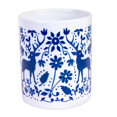 Keramikbecher, 'Blue Otomi' - Kunsthandwerklich gefertigte Otomi Keramiktasse mit blauen Vögeln und Blumen