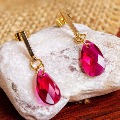 Gold-plated Swarovski dangle earrings, 'Berry Drops' - 14k Gold-Plated Pink Swarovski Dangle Earrings from Mexico