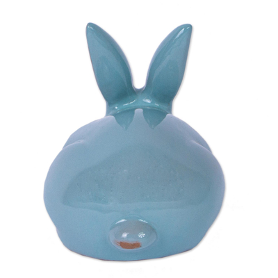 Figurilla de ceramica, (7,5 pulgadas) - Figura de ceramica de conejo azul de 7,5 pulgadas hecha a mano firmada
