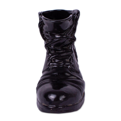 Ceramic figurine, 'Sturdy Black Boot' - Realistic Black Boot Ceramic Figurine from Mexico