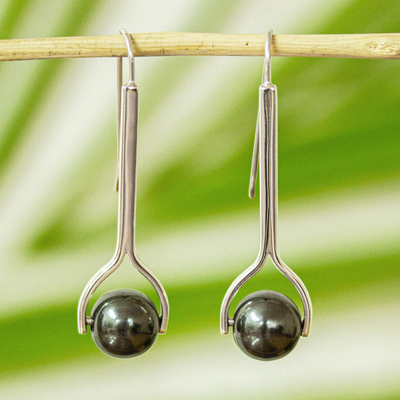 Silver drop earrings, 'Obsidian Pendulum' - Modern Obsidian Drop Earrings from Mexico
