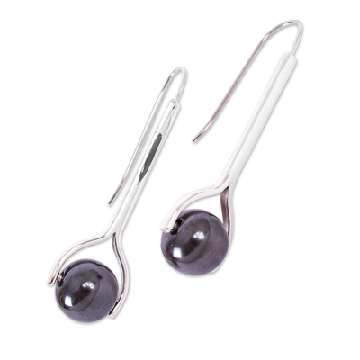 Silver drop earrings, 'Obsidian Pendulum' - Modern Obsidian Drop Earrings from Mexico