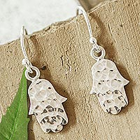 Silver dangle earrings, 'Magic Hands' - 950 Silver Hamsa Hand Dangle Earrings from Mexico