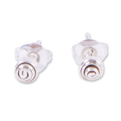 Silver stud earrings, 'Mini Silver Twirl' - 950 Silver Spiral Mini Stud Earrings from Mexico