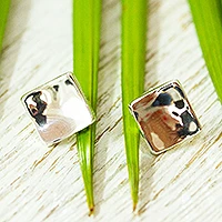 Silver stud earrings, 'Parable' - 950 Silver Hammered Square Stud Earrings from Mexico