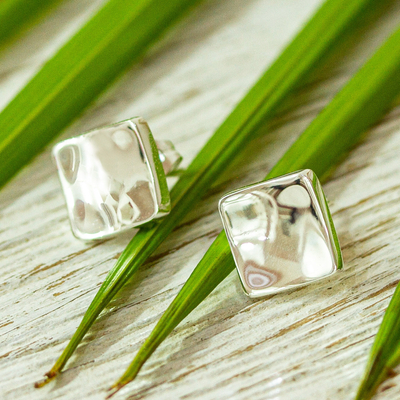 Silver stud earrings, 'Parable' - 950 Silver Hammered Square Stud Earrings from Mexico