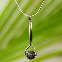 Silver pendant necklace, 'Obsidian Pendulum' - 950 Silver and Obsidian Pendant Necklace from Mexico