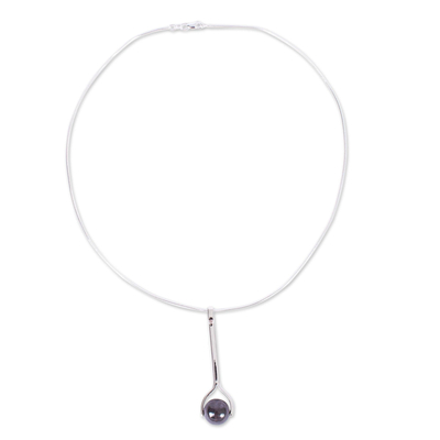Silver pendant necklace, 'Obsidian Pendulum' - 950 Silver and Obsidian Pendant Necklace from Mexico