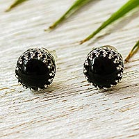 Obsidian stud earrings, 'Night Elegance'