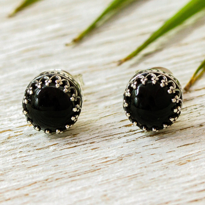 Obsidian stud earrings, 'Night Elegance' - Taxco Silver Stud Earrings with Obsidian from Mexico