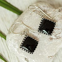 Modern Taxco Silver and Obsidian Dangle Earrings from Mexico,'Nighttime Diamond'