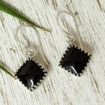 Obsidian dangle earrings, 'Nighttime Diamond' - Modern Taxco Silver and Obsidian Dangle Earrings from Mexico