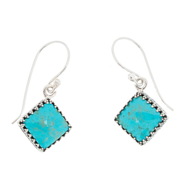 Turquoise dangle earrings, 'Turquoise Squares' - Square Turquoise Dangle Earrings from Mexico