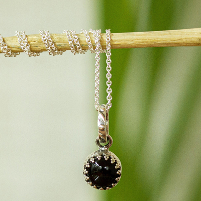 Obsidian pendant necklace, 'Night Elegance' - Taxco Silver Necklace with Obsidian Pendant from Mexico