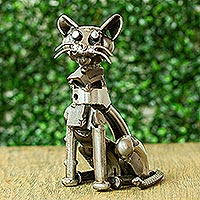 Escultura de metal reciclado, 'Gato Bigote' - Escultura de gato bigotudo de metal reciclado de México